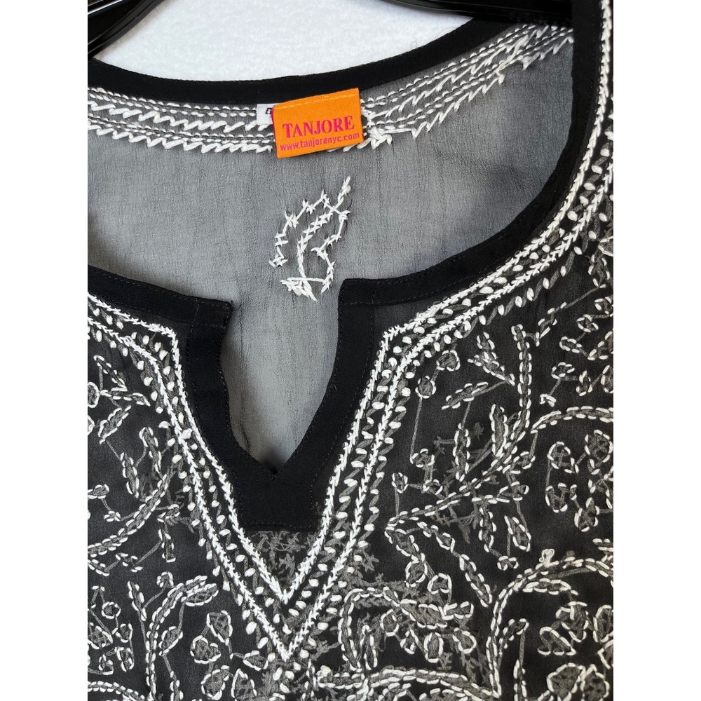 Tanjore Tunic Top Womens Large Black Excellent Embroidered Sheer Split Neck